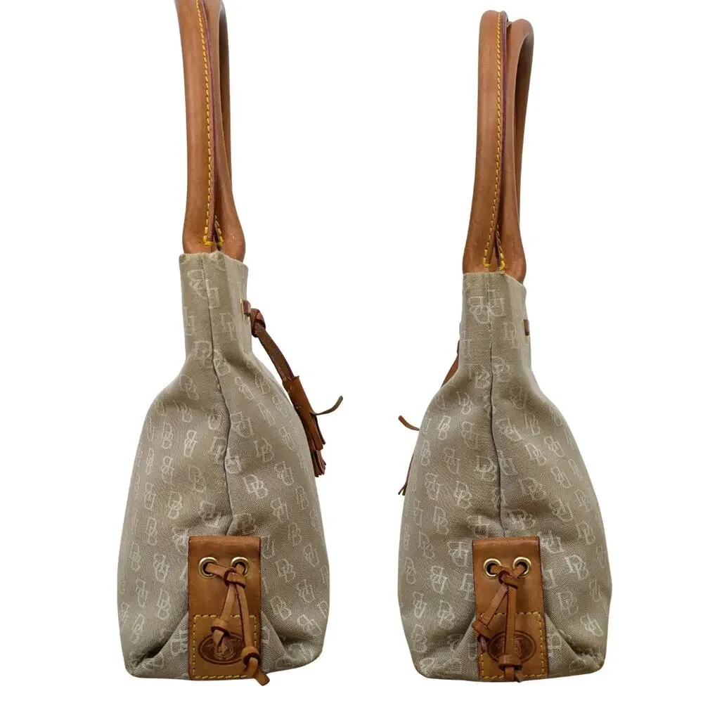 Dooney & Bourke Beige Logo Canvas Satchel with Tan Leather Trim